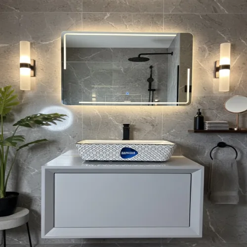 ست کابینت و روشویی با آیینه مستطیل افقی بک لایت دار کد LX805